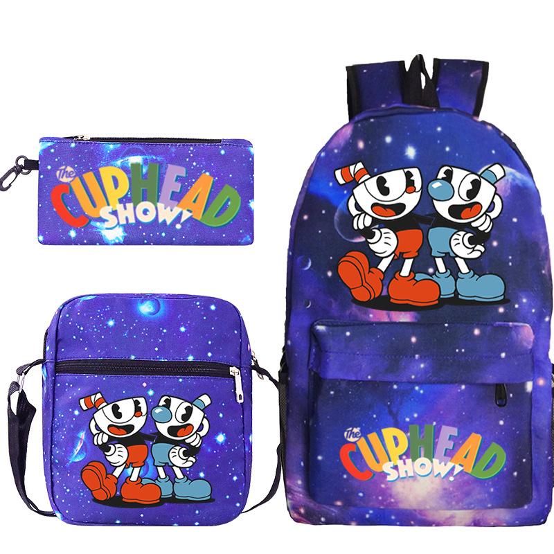 Cartoon Teacup Head Cuphead Student Backpack Oblique Span Bag Pencil Bag Primary And Secondary School Students Children'S Schoolbag Three-Piece Set