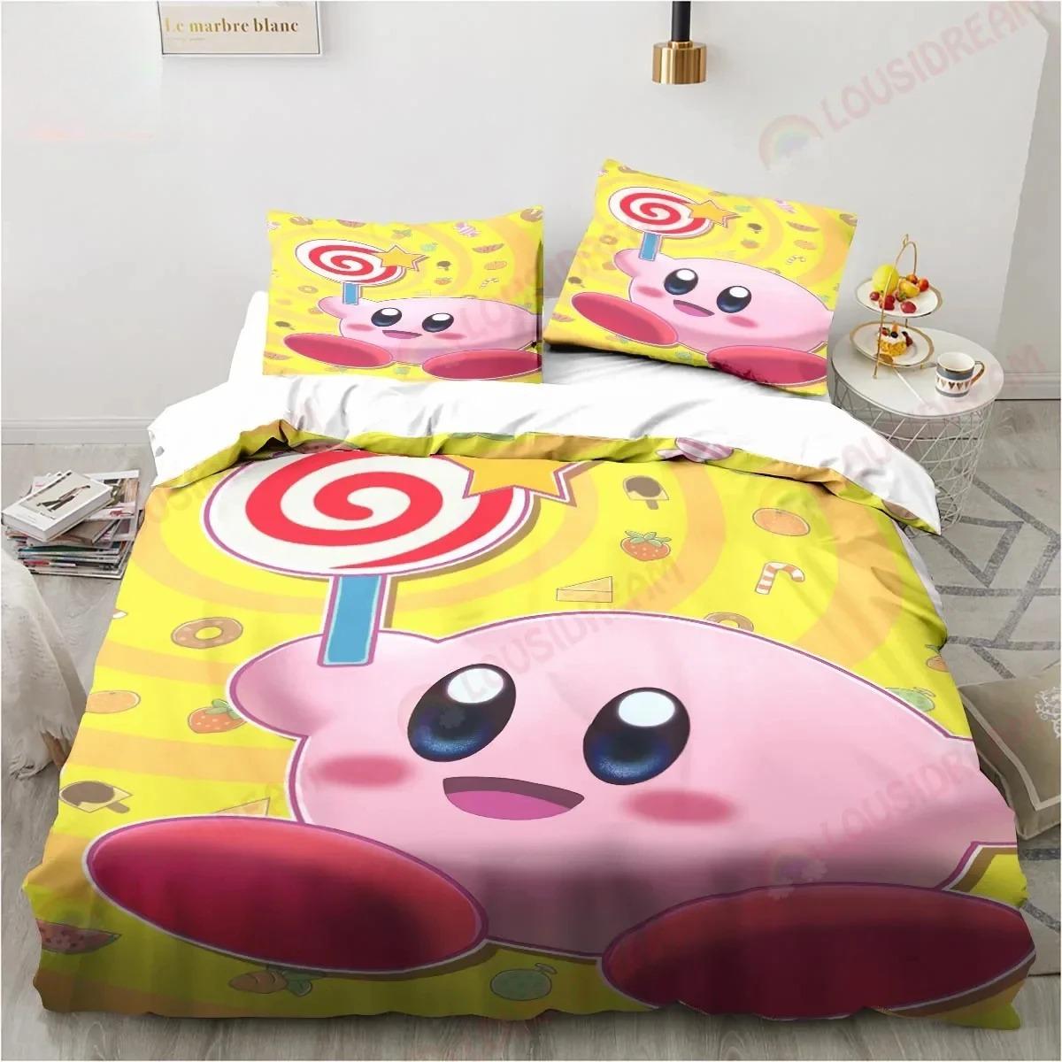 

Дитяча постільна білизна з принтом Кірбі, комплект з 2 предметів: підковдра та наволочка на подушку, із застібкою-блискавкою, м яка мікрофібра, односпальна 155x220cm