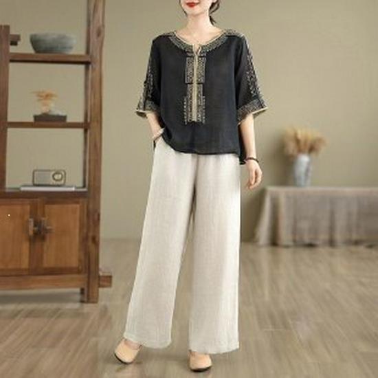 Elegant Chiffon Top: Popular Chinese Style Mid-Aged Women's Five-Point Sleeve Printed T-Shirt