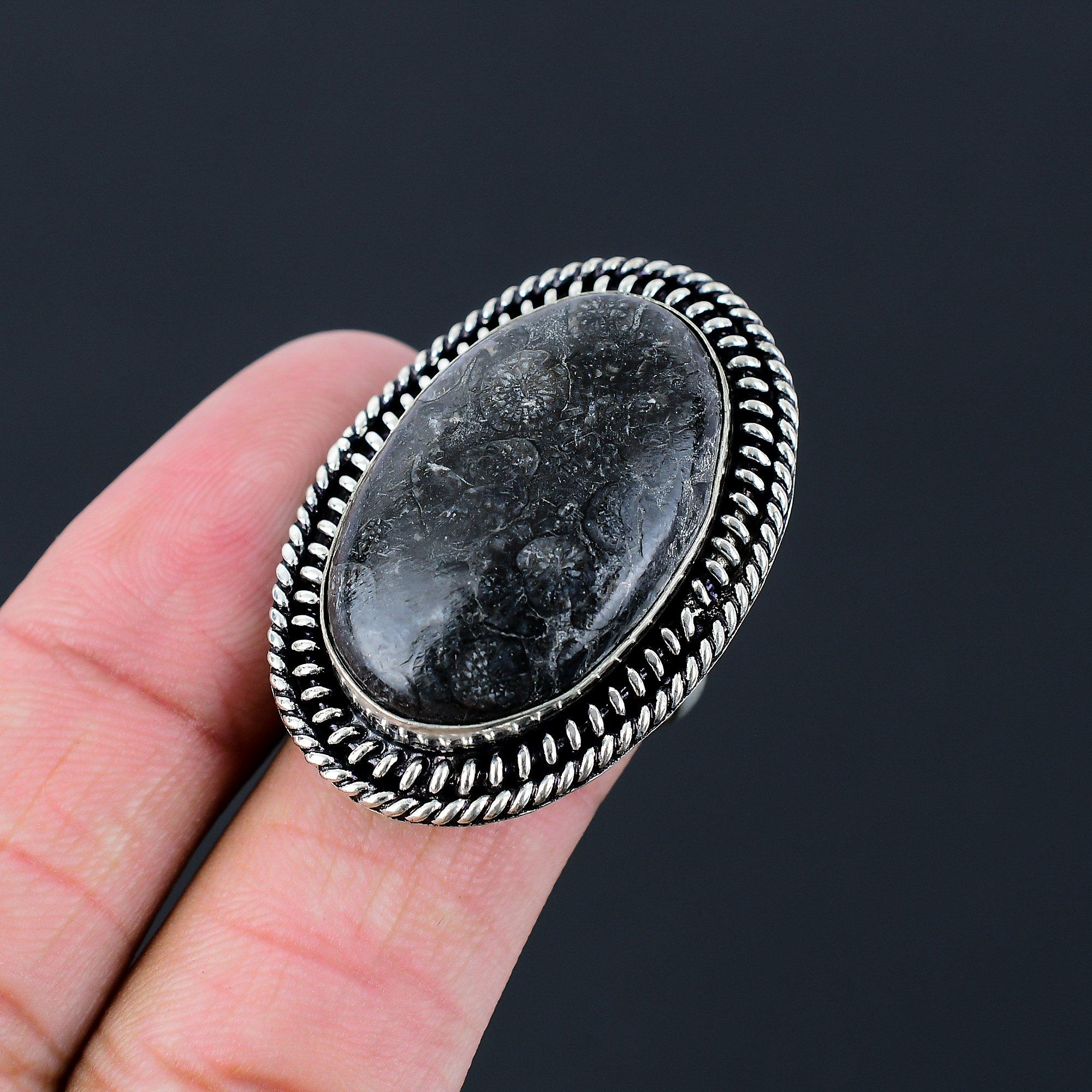 Oval Black Fossil Coral Stone Promise Sister Elegant Stackable Ring 925 Silver 9