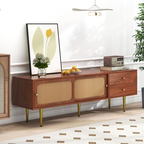 Living Room TV Stand Spacious Countertop Cabinet with 2 Drawers Two Rattan Bedroom Media Console Sliding Doors Metal Legs Furniture