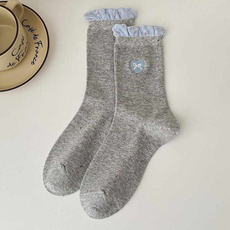 Lace Socks for Women, Mid-calf for Autumn and Winter, Heart-shaped Embroidered Dot Yarn Trendy Socks, Boneless Socks