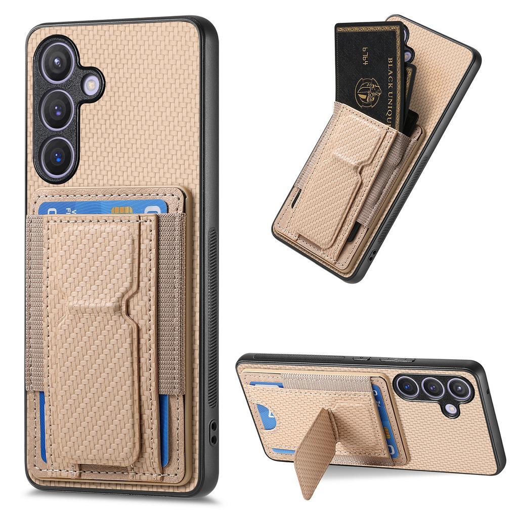 For Samsung Galaxy S25+ Case with Card Holder Kickstand Fiber Pattern Leather Back Cover