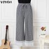 VONDA Women Casual Elastic Waist Drawstring Plaid Trousers