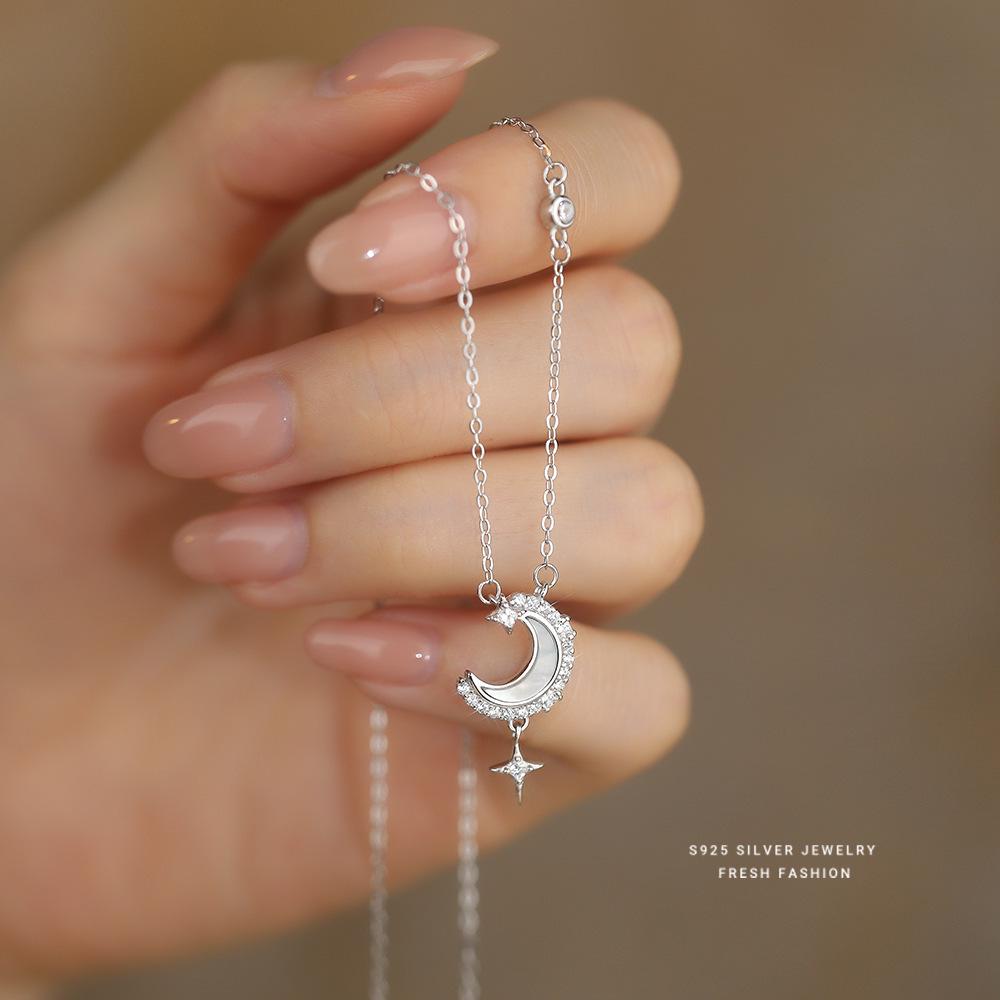 Sterling Silver S925 Star & Moon Necklace with Micro-Paved Stones and White Shell Pendant - Luxurious Valentine's Day Gift