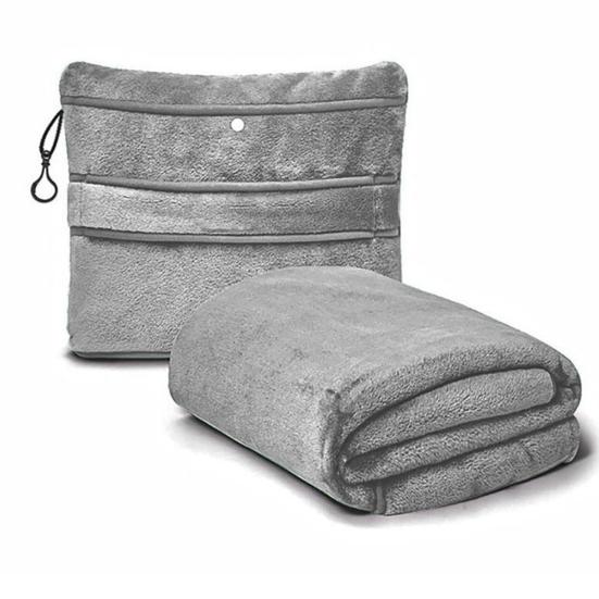 Neck Support Pillow Blanket Soft Fleece 2-in-1 Foldable Pillow Combo Flights Camping Car Trips Airplane Pillow Blanket with Luggage Strap