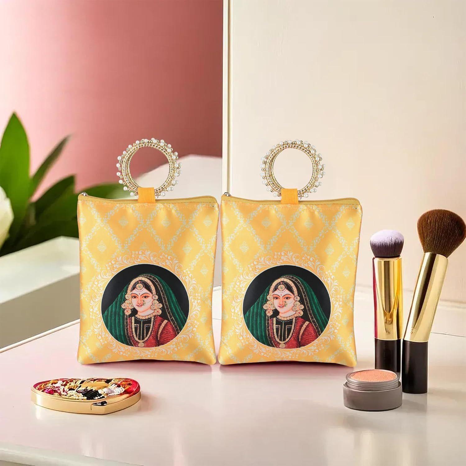 2 Pcs Silk Small Hand Bags for Women Stylish with Zip  & Handle | Traditional Handheld Bags for Women | Ethnic Ladies Purse Handbag for Return Gifts