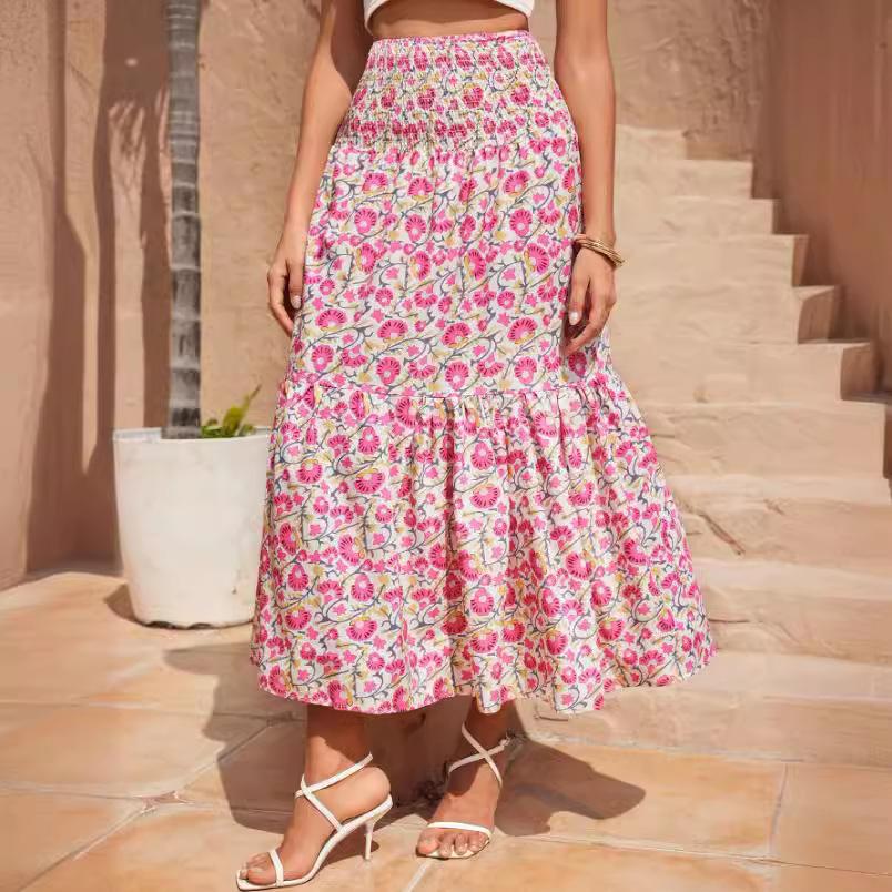 Kadınlar için Boho Çiçek Desenli Uzun Etek Yazlık Elastik Yüksek Bel Fırfırlı Maksi Etek Moda Plaj Tatili Eteği Nefes Alabilen Hafif Etek