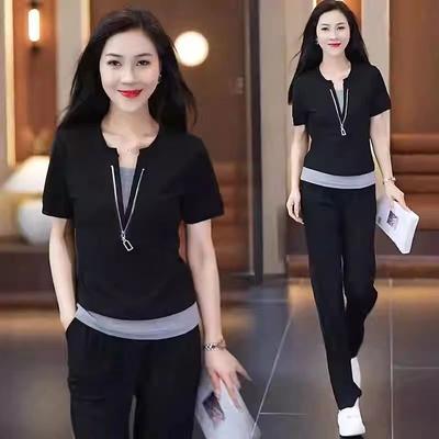 Short-sleeved Casual Sports Suit for Women, Summer Fashion, Age-reducing Vacation, Two-piece Top, Straight-leg Pants, Two-piece Set
