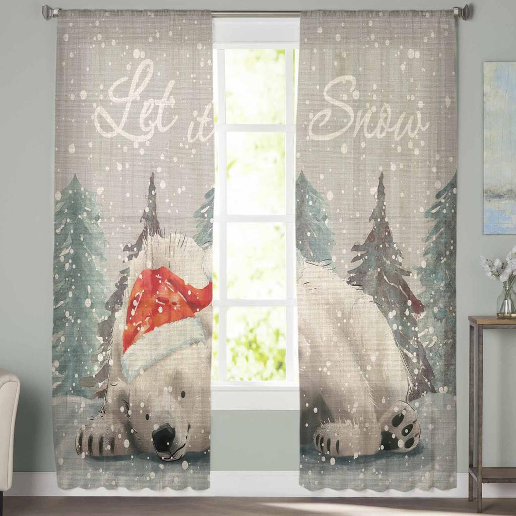 Christmas Snowflake Bear Curtains For Living Room Bedroom Home Decoration Window Voile Tulle Curtain Drapes
