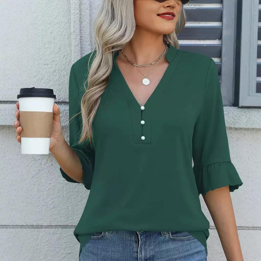 Women's V-neck Solid Color Fashion Mid Sleeve T-shirts