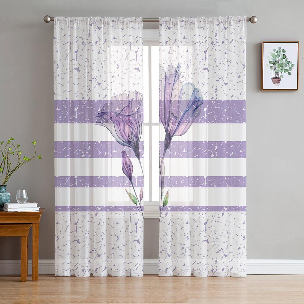 Abstract Purple Flower Chiffon Sheer Curtains for Living Room Bedroom Home Decoration Window Voile Tulle Curtain Drapes