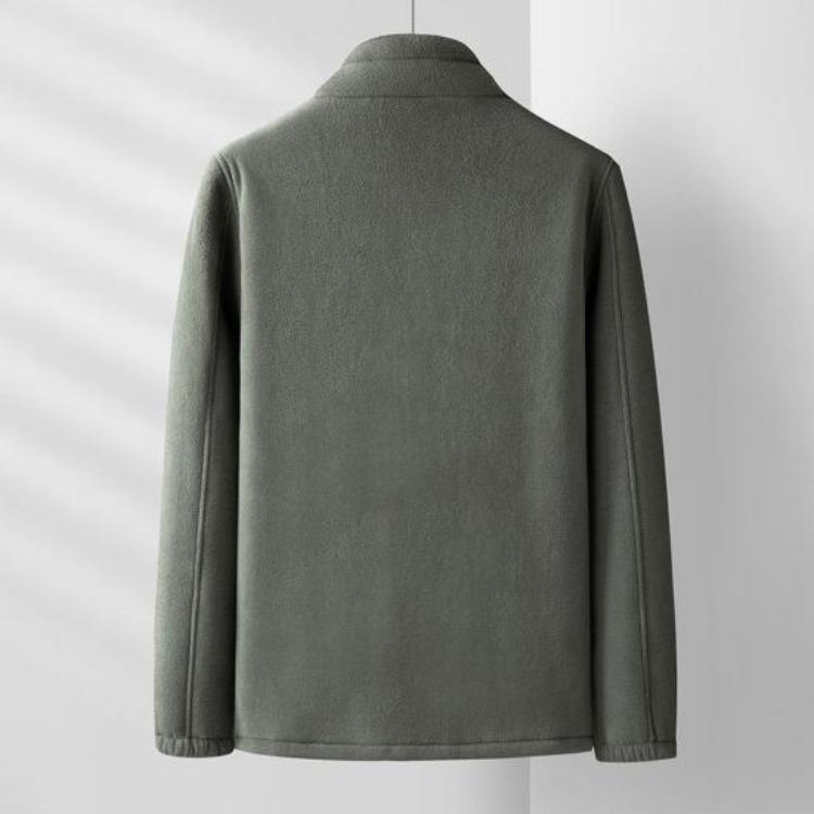 Solid Color Men Coat Stand Collar Cardigan Jacket Polar Fleece Lining Long Sleeve Zipper Placket Daily Wear Outwear