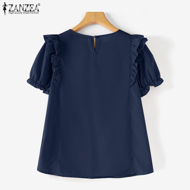 ZANZEA Damen Sommerbluse mit Rundhalsausschnitt, kurzen Ärmeln, gestreift, Rüschen