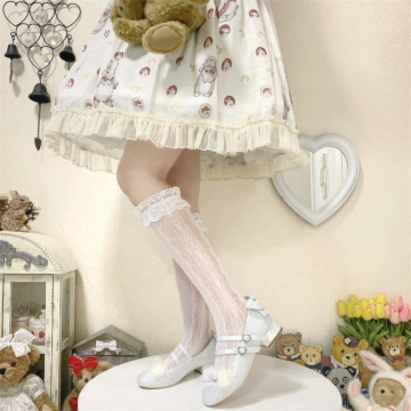 Female Spring and Summer Thin Model Bow Hollow Lace Lace In The Tube Stack Socks