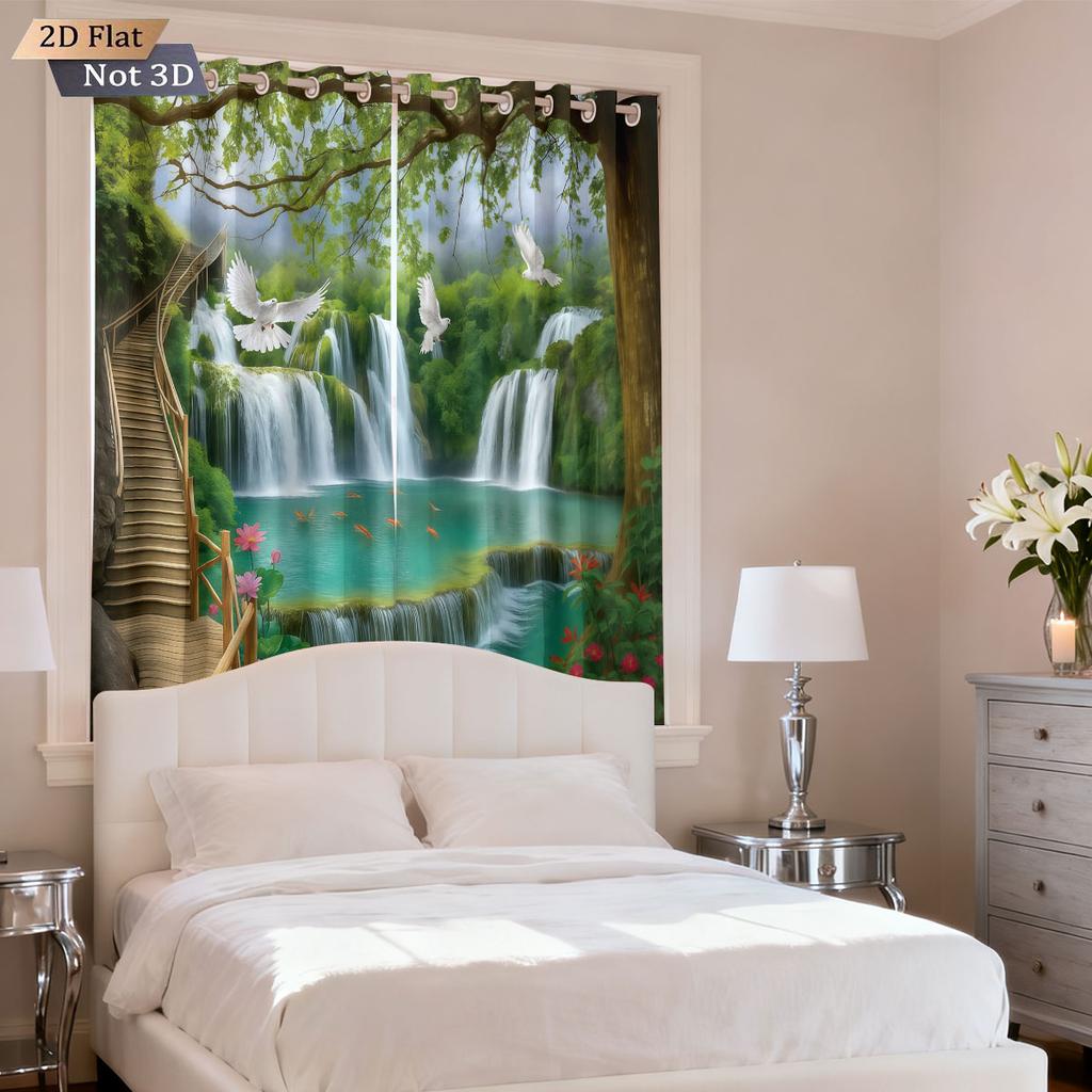2pcs Natural Scenery Forest Printing Perforated Blackout Curtains   Multi Size Living Room Insulation Decoration