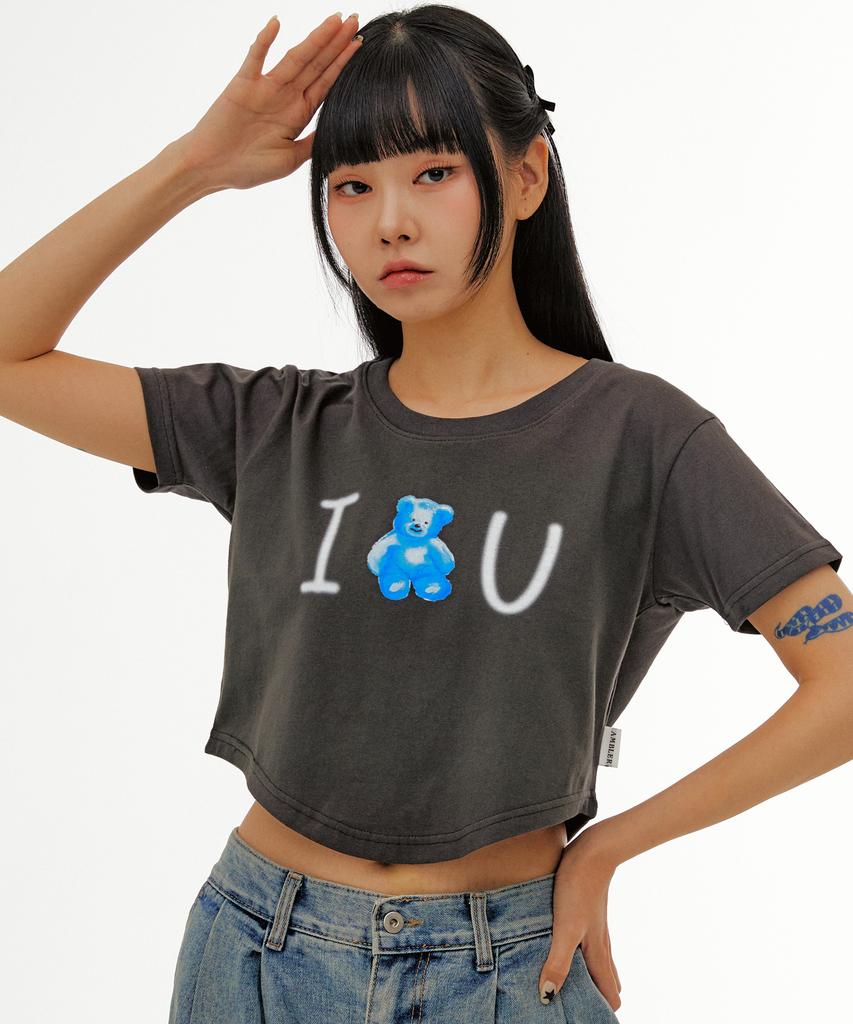 AMBLER Blue Bear, Love U Round Hem Crop Short Sleeve T-Shirt Acr505 (Dark Gray)