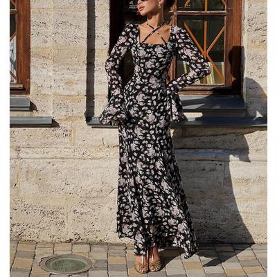 European and American Sexy Halter U-neck Long-Sleeved Printed Slimming Dress for Women