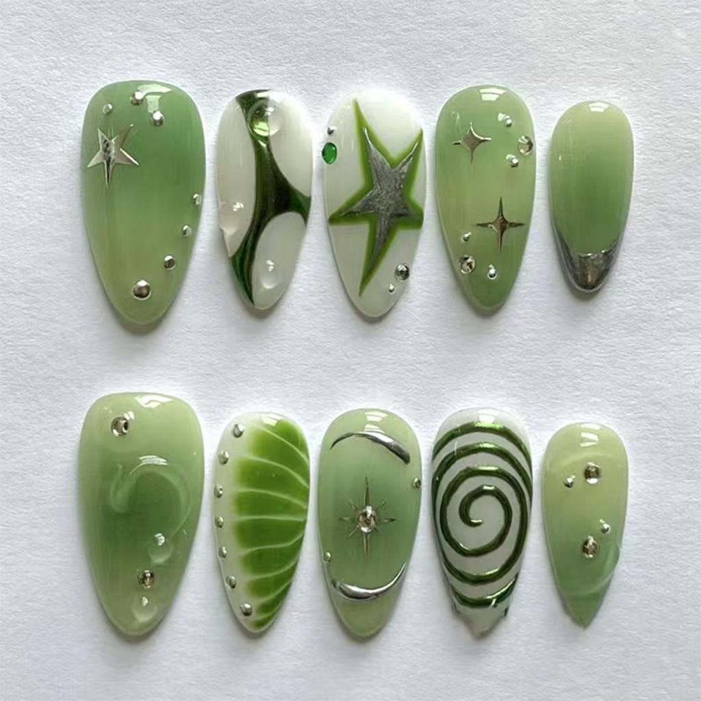 30 stuks kunstnagels spiraalvormig reliëf dopamine-geïnspireerde citroen- en sterontwerpen press-on nagels—Perfect als cadeau voor meisjes