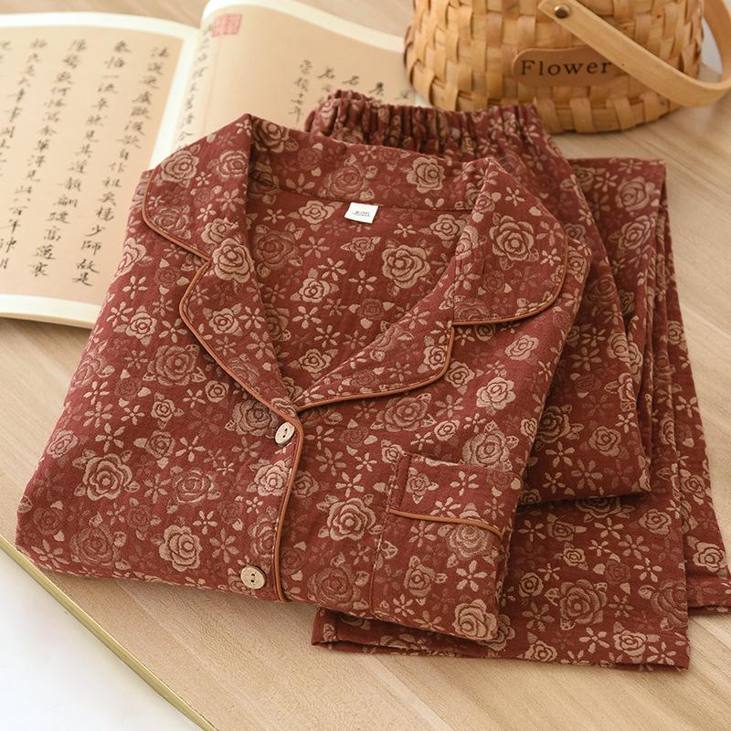 Yarn-dyed Floral Cotton Lapel Cardigan Long Sleeve Retro Home Clothes Set