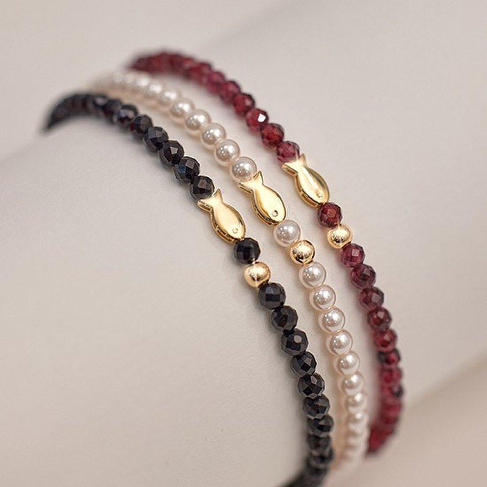 14K Gold Ball Fish Lucky Bracelet 577 [Choose 1 of 3] (Size 18.5 Cm) Garnet Spinel Bead Pearl