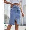 Women's Front Slit Blue Denim Skirt Pockets High Waist Slim Zipper Fly Midi Skirts 2023 Spring Female Casual Streetwear