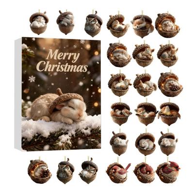 2025 Forest Animal Acorn Ornaments Christmas Advent Calendar Cozy Pinecone Animals Countdown Decoration 2D Acrylic Forest Animal Ornaments