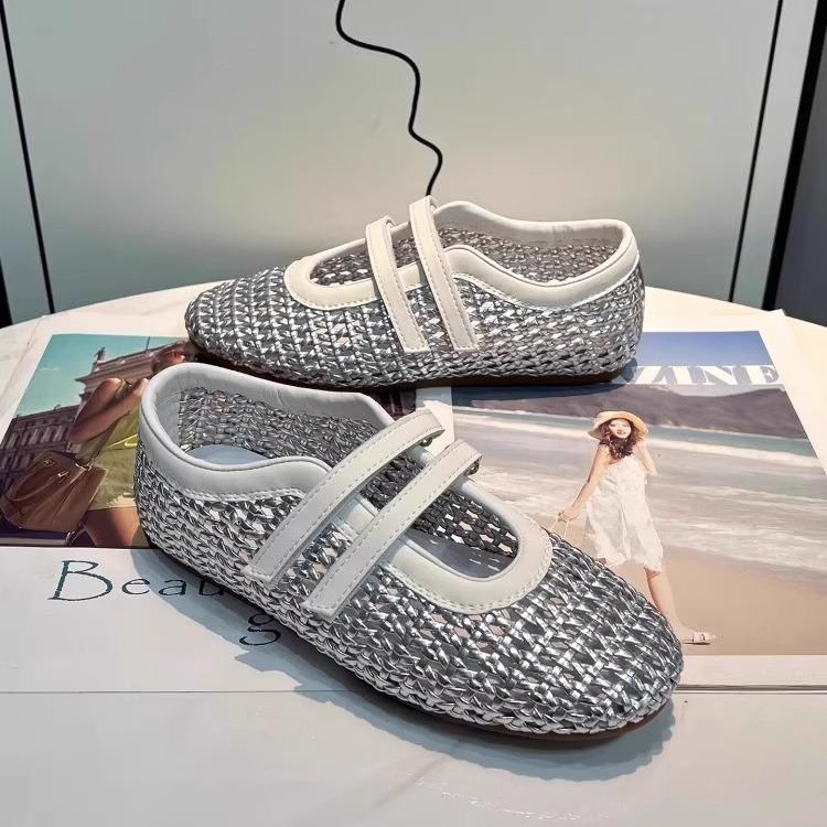 Woven Hollow Mary Jane Sandals Women's 2025 Summer New Mesh Breathable Velcro Shallow Mouth One Pedal Single Shoes