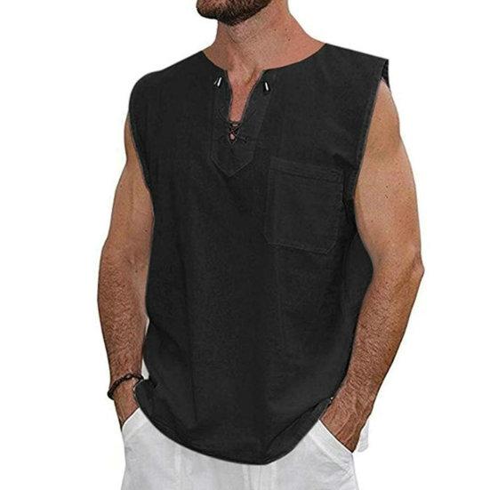 Erkekler Yaz Tankı Üstleri V Yaka Dantel-up Kolsuz Düz Renk Gömlek Tops Gevşek Yama Cep Tees Gömlek streetwear
