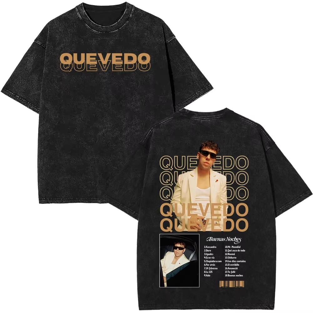 Rapper Quevedo Buenas Noches Vintage Washed T Shirt Mens High Quality Short Sleeve Tshirts Fashion Oversized Harajuku Tshirts