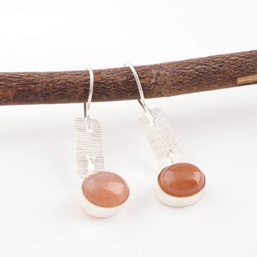 Oval Peach Moonstone Gemstone 925 Sterling Silver Jewelry Handmade Earrings 1.9" EE-168-24