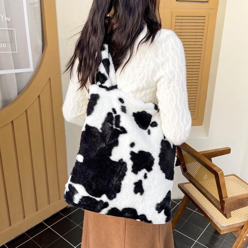Fashionable Plush Handheld Tote Bag For Women With Luxury Cow Print And Soft Material