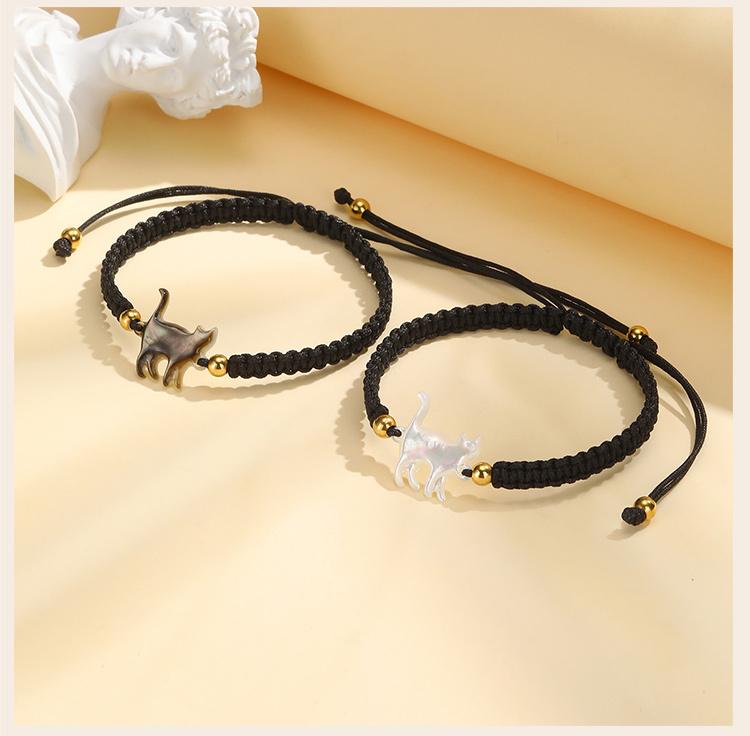 Handmade Braided Rope Couples Bracelet Adjustable, Shell Cat Shape Friendship Bracelet Jewelry Gift For Women Men