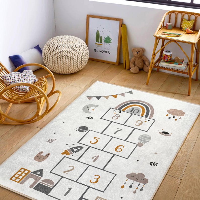 Boho Nordic Kids Room Rug Hopscotch Educational Playroom Carpet Activity Floor Mat for Nursery Game Learning Neutral Design Rug