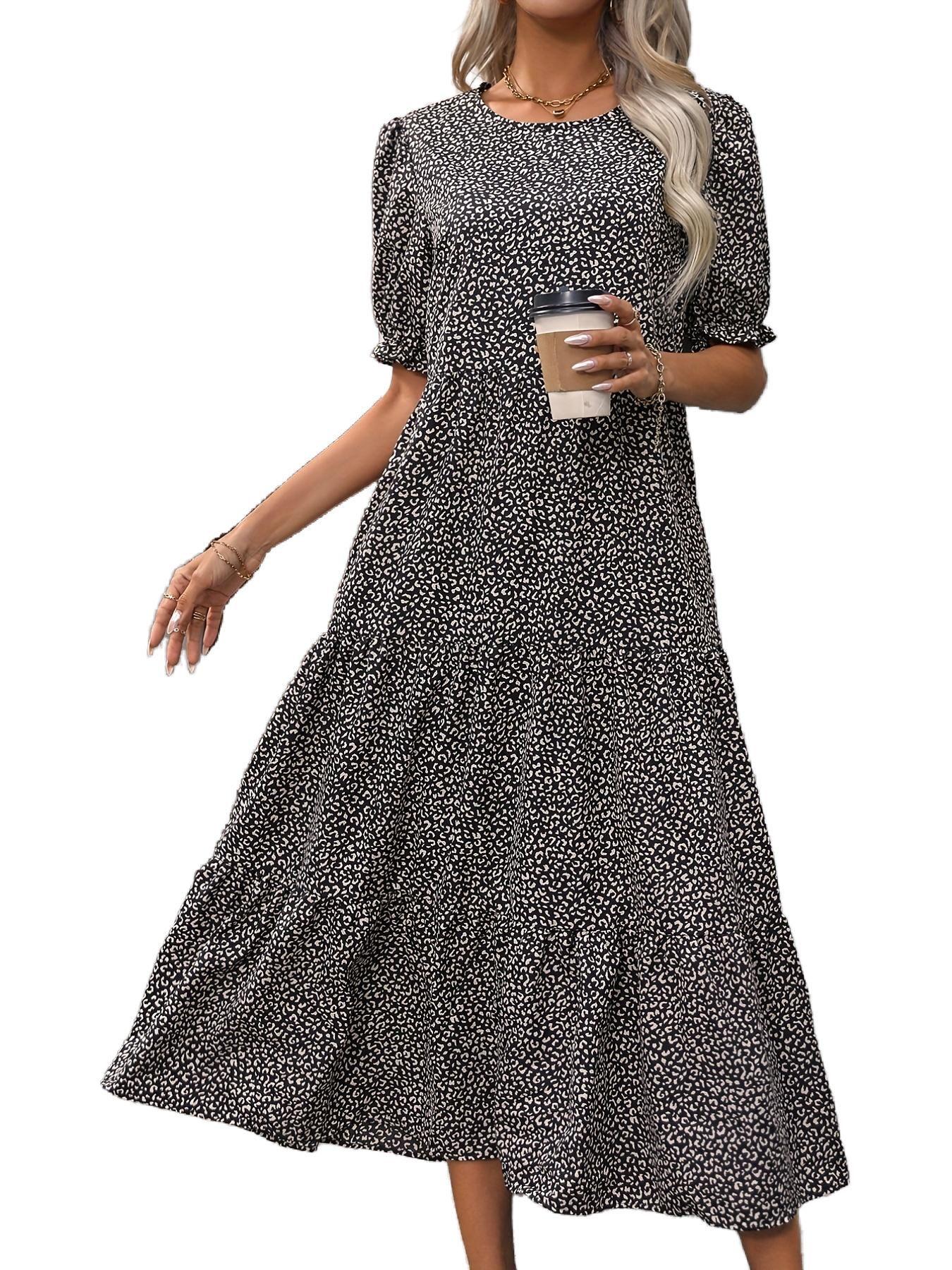 

Женское бежевое миди-платье с леопардовым принтом, рукавами-пузырями, ярусное, с разрезом XL чёрный