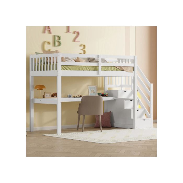 Lit surélevé - MUVOE - 90 x 200 cm - Blanc - Avec tiroirs - Bureau intégré