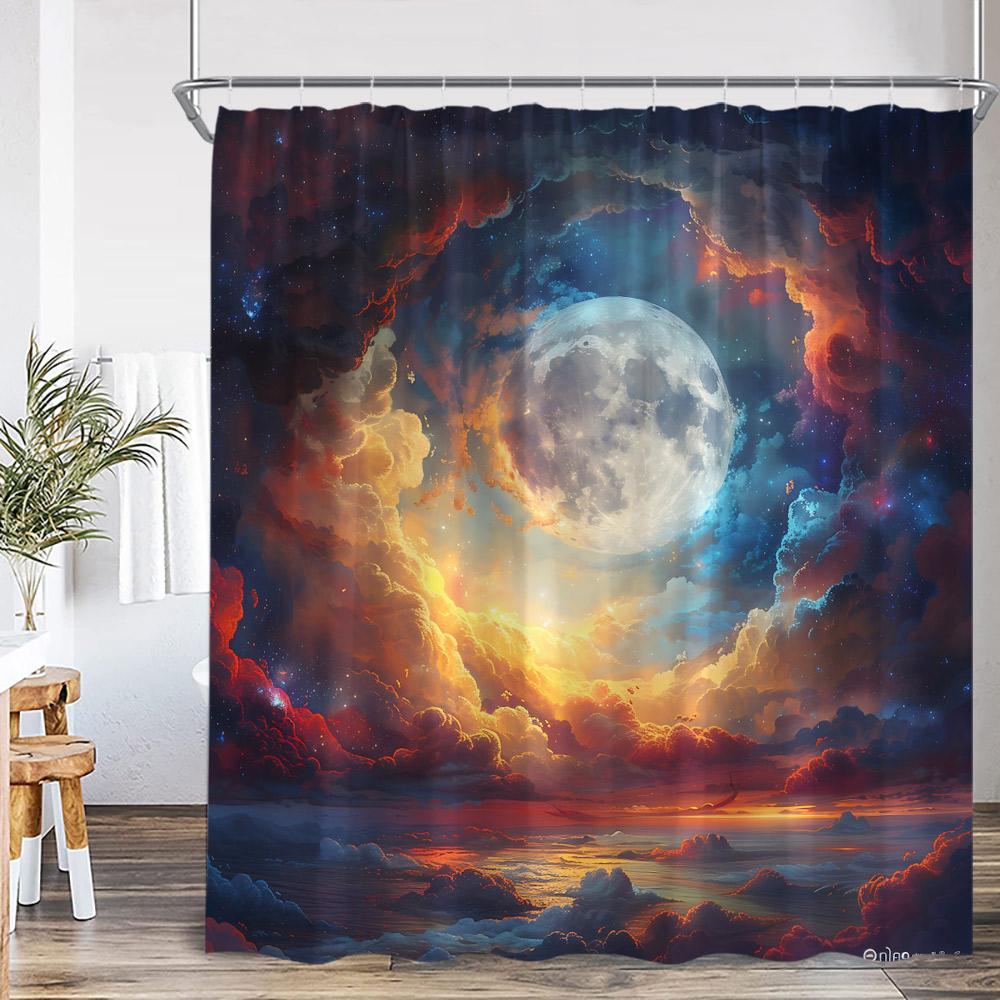Fantasy Sky Meteor Shower Curtain Full Moon Space Universe Forest Cloud Magic Astrology Polyester Bath Curtain Decor With Hook