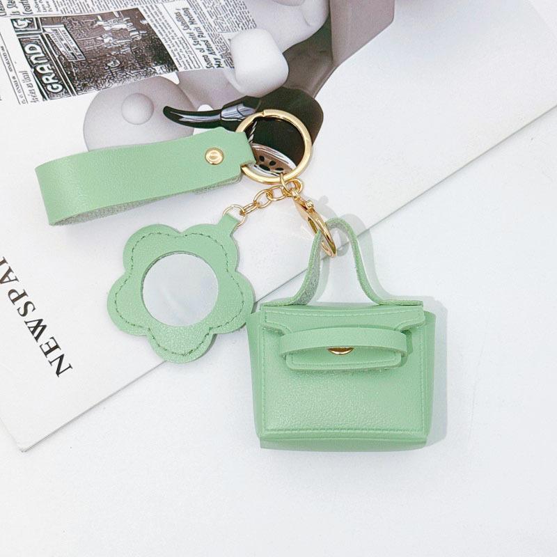 Mini PU Leather Keychain Bag with Flower Mirror Wrist Strap Trendy Bag Charm Perfect Christmas Gift for Female Friends