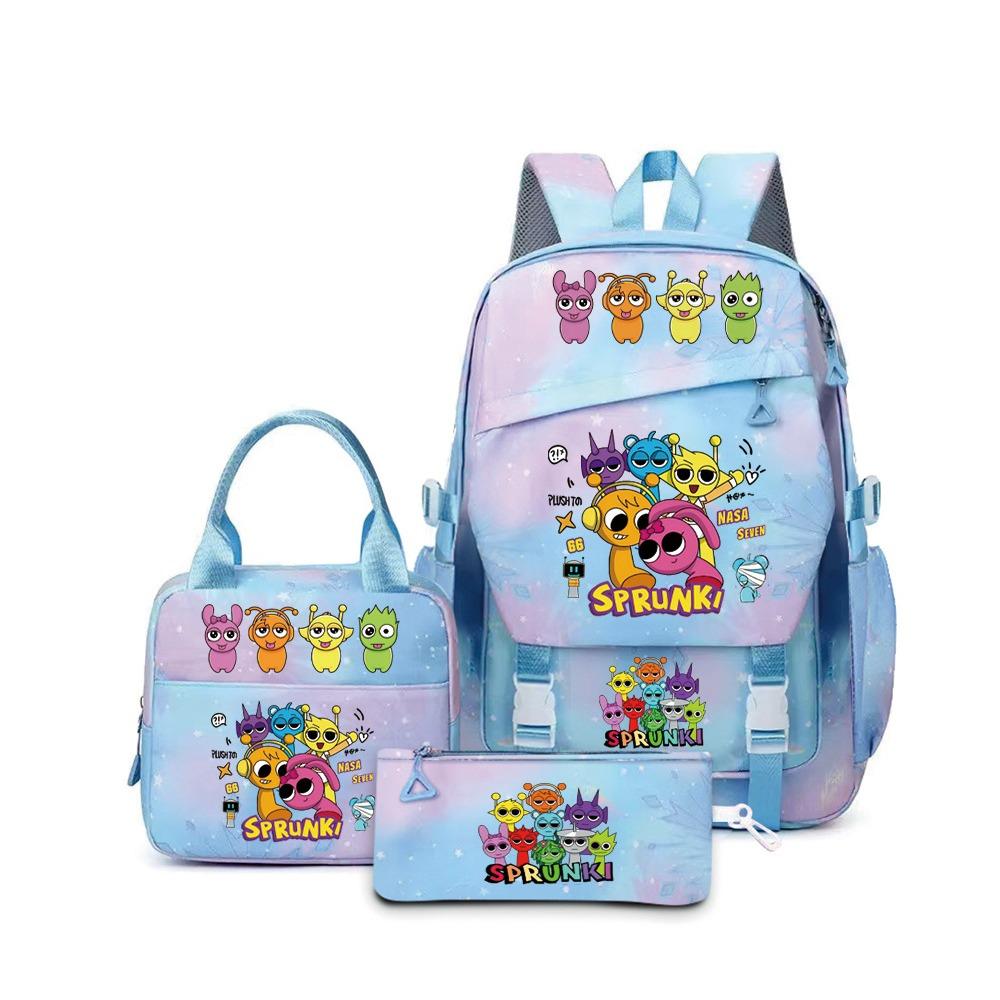 Rhythm box music game heat transfer backpack Sprunki pink schoolbag portable lunch bag stationery pencil case D