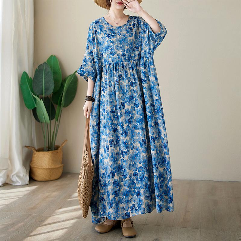 

Летнее тонкое хлопковое льняное платье с круглым вырезом и короткими рукавами, простое среднее длинное платье с цветочным принтом для женщин, повседневные платья M