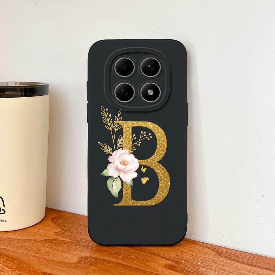 Floral Gold Letters Cover For Poco M8 Pro Phone Case Soft Smooth Liquid Silicone Anti Drop Protective High Quality Couple Bumper