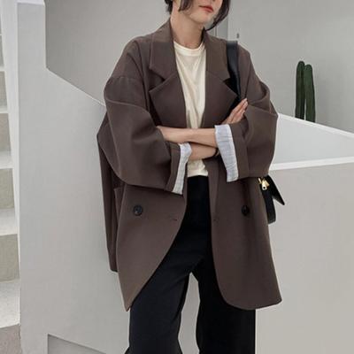 Long Sleeves Two Pockets Double-breasted Oversized Casual Blazer Autumn Winter Solid Color Casual