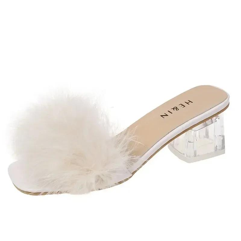 New Summer Fluffy Peep Toe Sexy High Heels Women Shoes Fur Feather Lady Fashion Wedding Slip-On Pink Square  Sandals