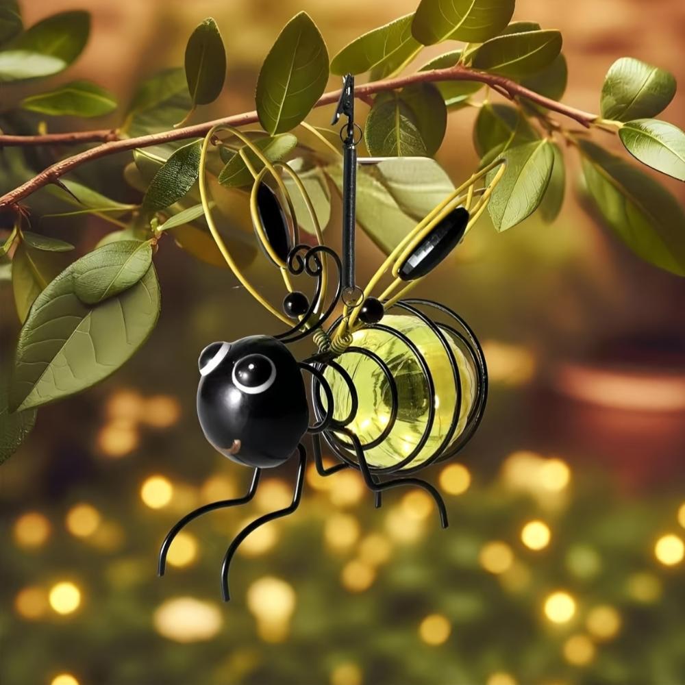 Solar Iron Bee Statue With LED Fairy Lights Outdoor Waterproof Hanging Tree Ornaments For Fence Yard Courtyard Garden Art Decor