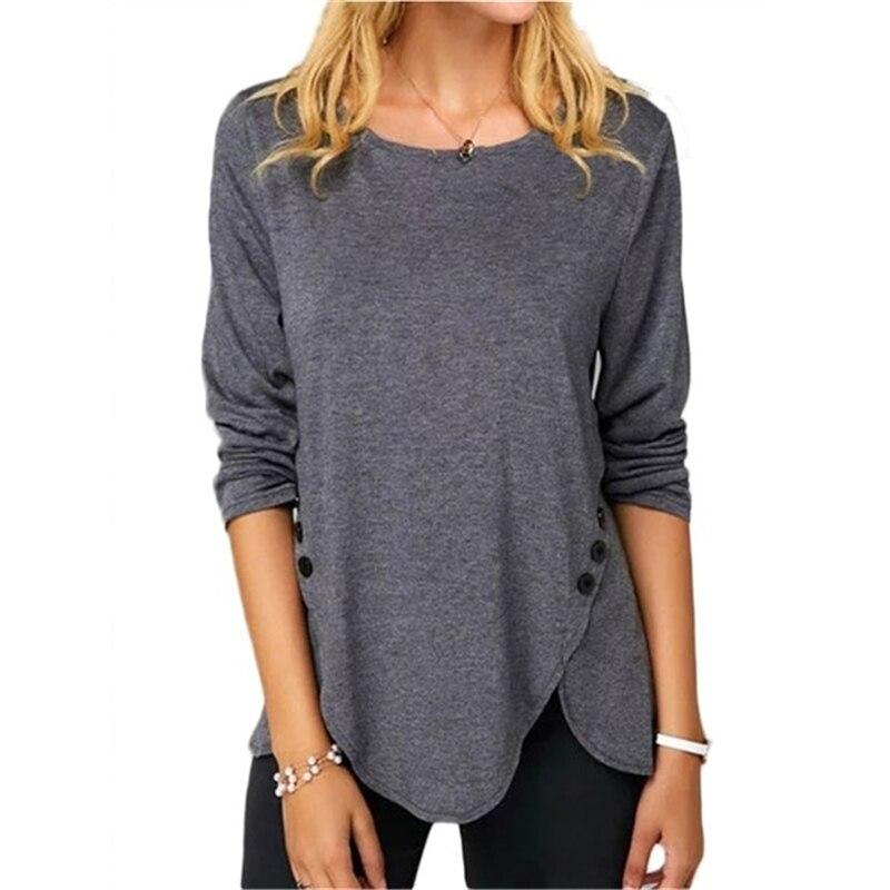 Button O Neck Long Sleeved Tunic T-Shirt Women Clothing Solid Color Loose Casaul Irregular Long Pullovers Tops Tee Shirt Femme