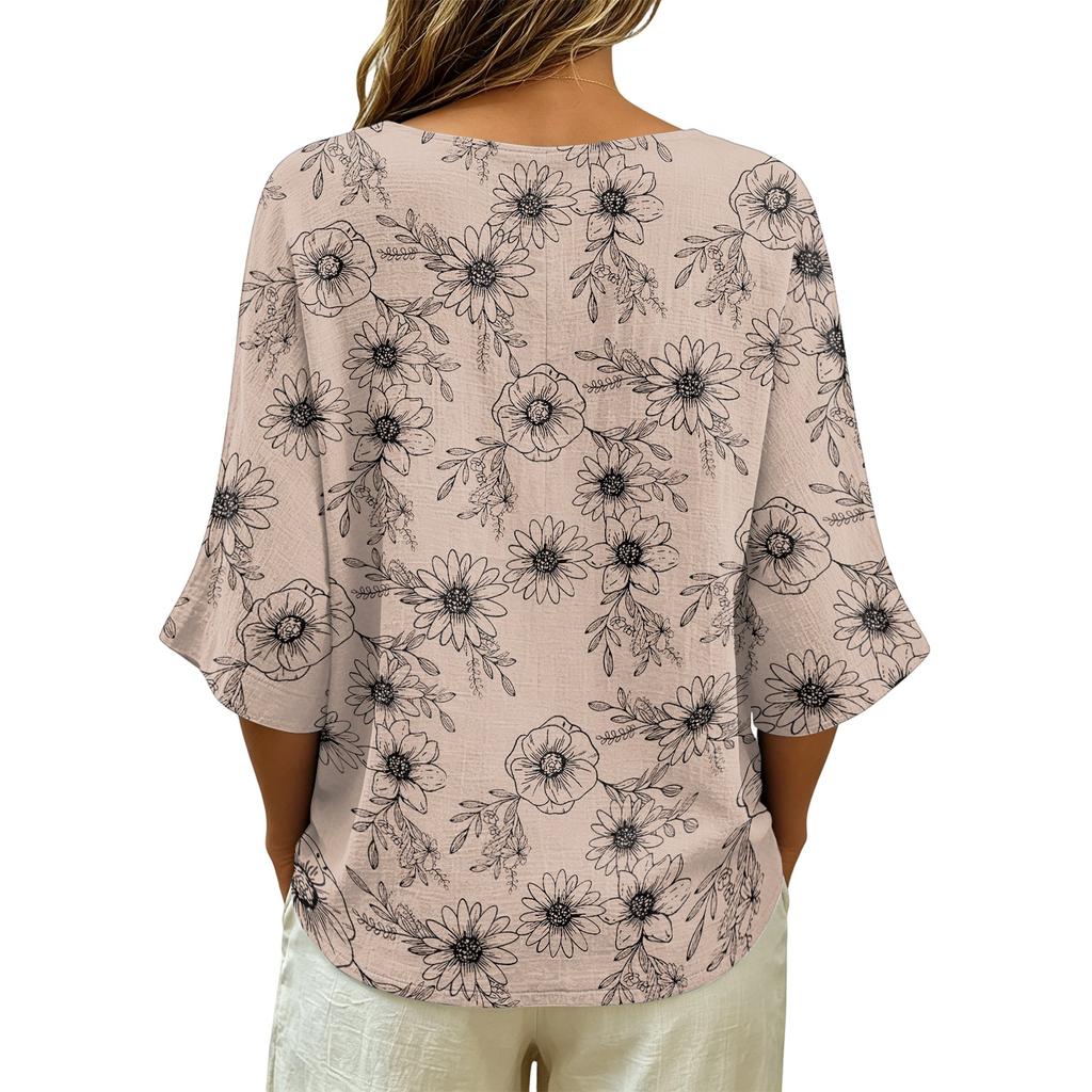 Women's Vintage Floral Print V Neck Loose Fit Short Sleeve T Shirt Made of Linen Blend Fabric Casual Lightweight Top for Everyday Wear