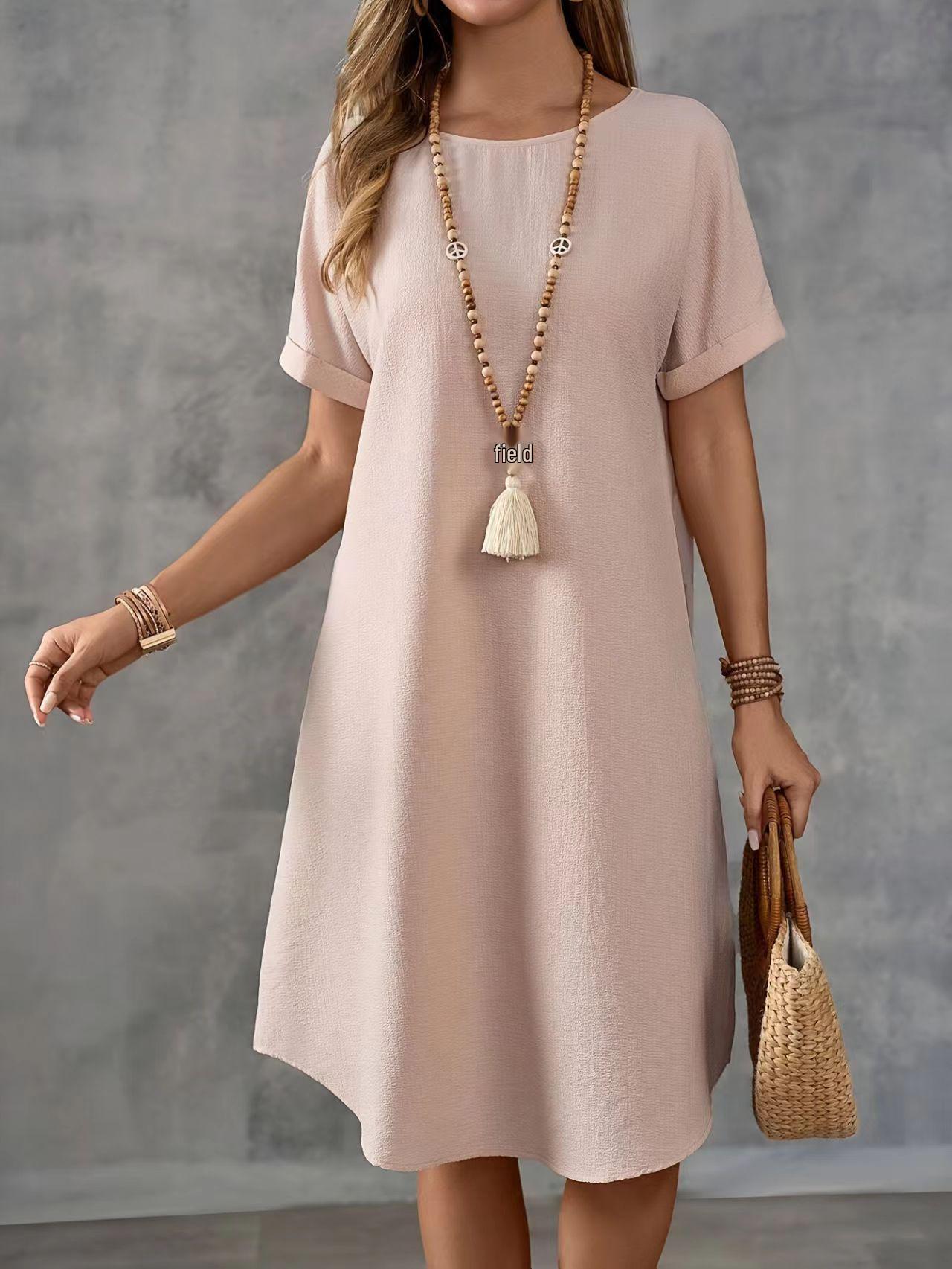 

2025 Women s Macaron Color Loose Crew Neck Short Sleeve Dress XL