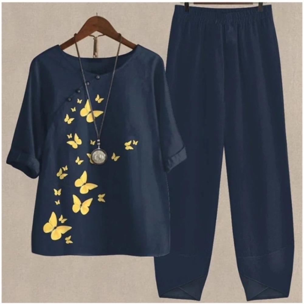 Women's Casual Two-Piece Floral Print Outfit Five-Point Sleeve Tops and Elastic Waist Pants Set