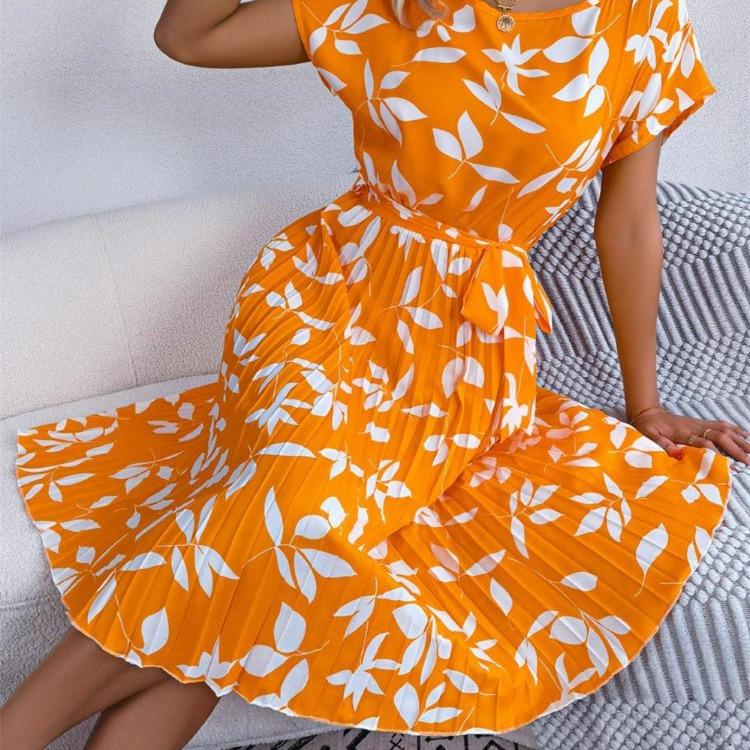 

Женское платье с цветочным кружевом, плиссированное, средней длины, повседневное, с коротким рукавом, весна-лето M