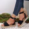 Large-sized Thick-soled Women's Shoes, One-shoulder Buckle with Wedge Heel and Light Sandals Made of Hemp Rope